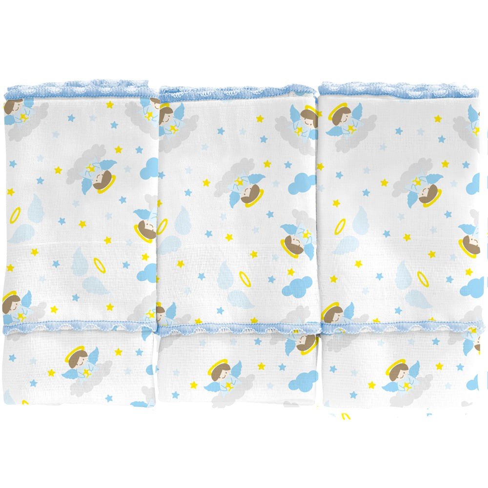 Pano de Boca Estampado 3 unidades Anjinho da Guarda Azul - 34 cm x 40 cm