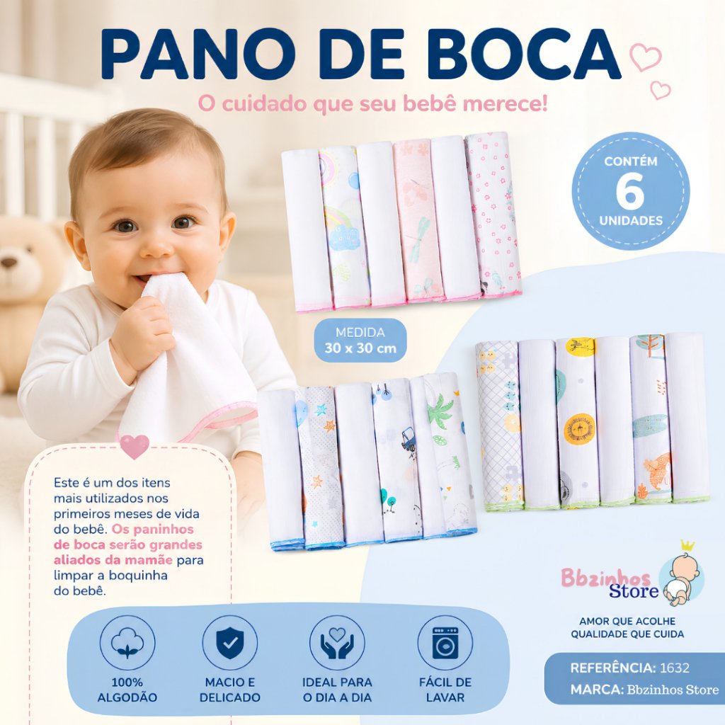 kit Pano paninho de Boca Bebe com 6 Unidades 100% Algodão 30x30cm  Papi - karinho
