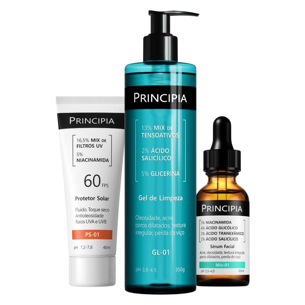 Principia Kit Anti-Acne Trio c/ Gel de Limpeza GL-01 + Sérum Mix-01 + Protetor Solar Facial PS-01 FPS 60