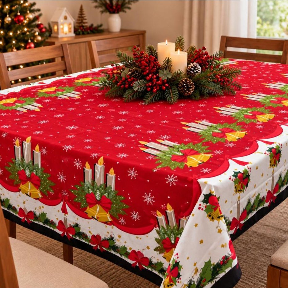 Toalha de Mesa Oxford Festiva Natalina Natal Papai Noel  para 4 e 6 Lugares